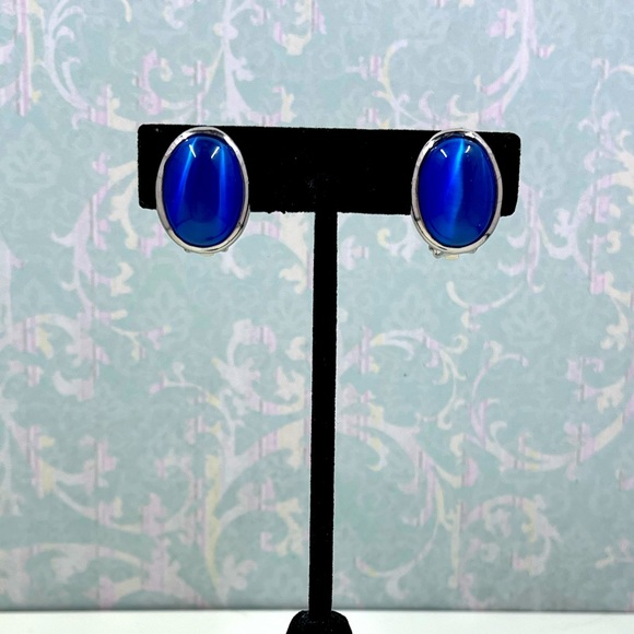 Jewelry - Vintage Silver and Blue Cats Eye Oval Clip On Earrings